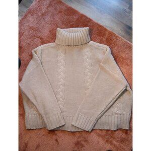 Calvin Klein‎ Y2k Sweater Womens  Oatmeal Chunky Cable Knit Cropped Turtleneck